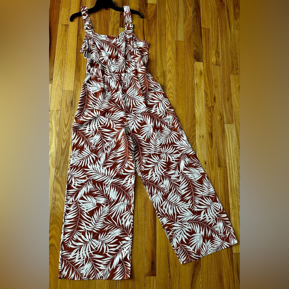 Derek Heart Burnt Orange and White Leaf Print Jumpsuit